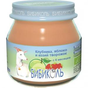 Пюре  клубника-яблоко и козий творожок с 6 месяцев, 80 г Бибиколь