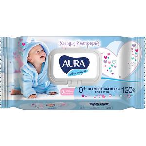 AURA ULTRA COMFORT Влажные салфетки для детей с экстрактом алоэ и витамином Е крышкой 120шт